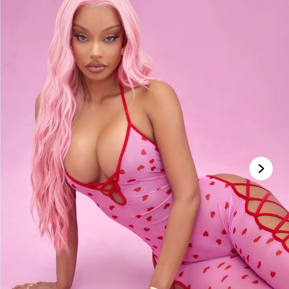 NWT - Fashion Nova Kayla Heart Throb Mesh Bodystocking - Pink/combo
